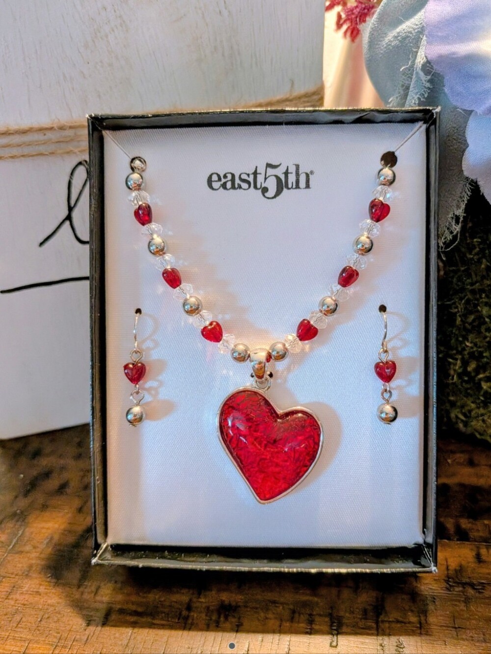 East 5th Silver-Tone Necklace & Earrings with Red Heart Pendant